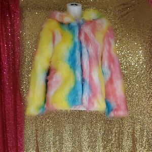 Multicolor Faux Fur Rainbow Puffer Jacket - Women's